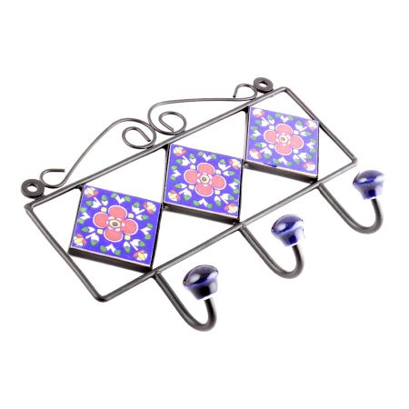 Navy Blue Red Floral Tiles Hooks